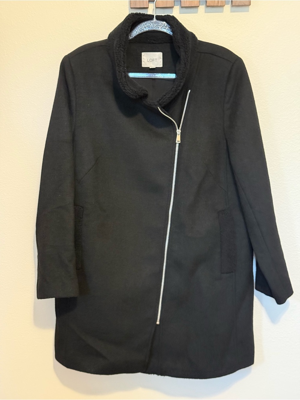 LOFT Black Asymmetrical Zip Pea Coat with Cozy Collar Large